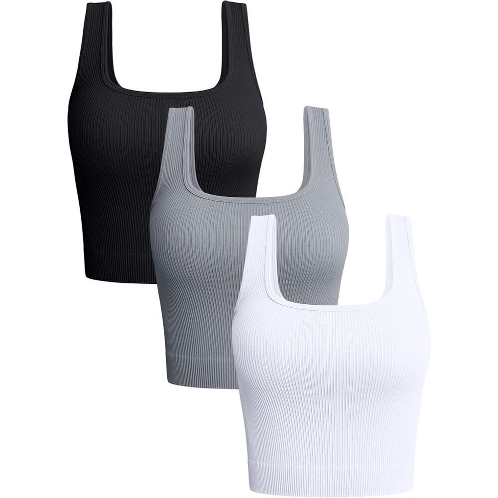 Women's Seamless Ribbed Tank Tops 3 Piece Workout Exercise Shirts Basic Yoga